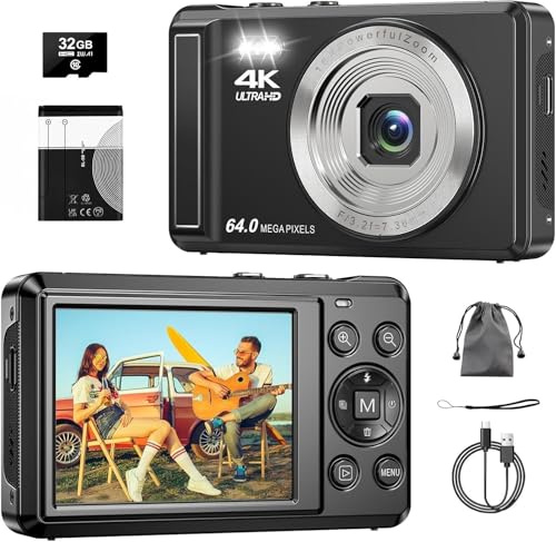 Digitalkamera 4K 64MP, 2.8 Zoll UHD Autofokus Kamera fotokamera, 32GB Karte & Akku,16X Digitalzoom Wiederaufladbare Tragbare Kompaktkameras mit für Anfänger Jugendliche