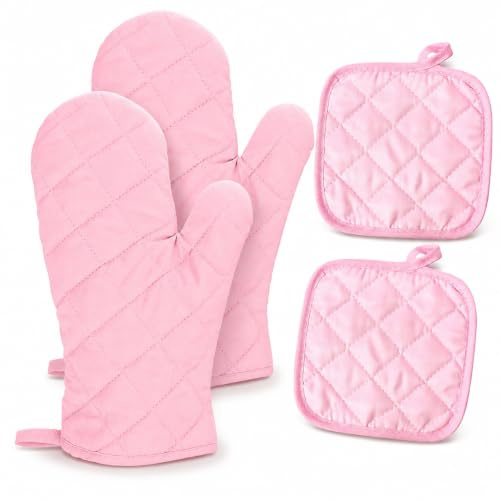 Pink Oven Gloves, 1 Pair Oven Mitts BBQ Gloves Heat Resistant Mitts Set of 4 (2 Gloves + 2 Pads) 27 x 17cm Kitchen Accessories for Kitchen Cooking Baking Grilling Handling Hot Pots Pans