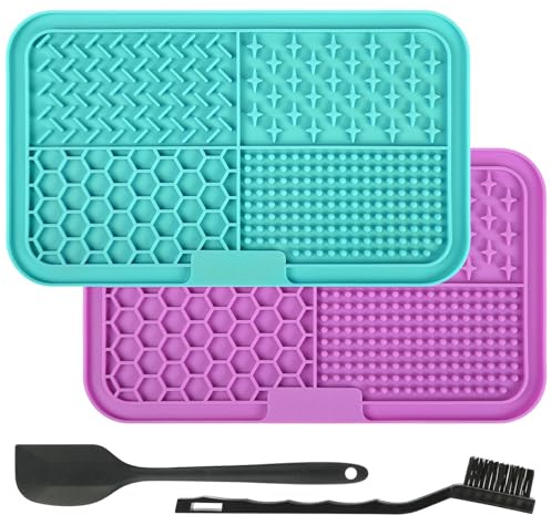 Adiwo Lot de 2 Tapis à Lécher pour Chien à Alimentation Lente, Tapis de Léchage Chiens et Chats avec Ventouses, 1 Spatule en Silicon et Brosse pour Réduit l'Anxiété, Entraînement, Violet + Bleu Clair