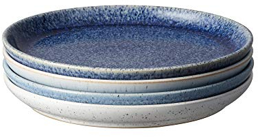 Denby - Studio Blue Medium Plates Set of 4 - Dishwasher Microwave Safe Crockery 22.5cm - Blue, White Ceramic Stoneware Tableware - Chip & Crack Resistant Lunch Plates