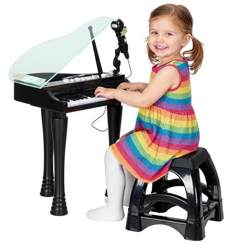 AIYAPLAY Piano enfant électronique, clavier de piano, 32 touches multifonctions, avec micro haut parleur et tabouret, couvercle lumineux LED, instrument de musique enfant 3-6 ans, noir