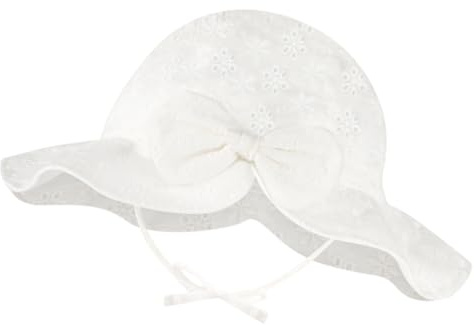 Jupsk Baby Girl Sun Hat Cotton Lace Flowers Wide Brim Bucket Hat Breathable Soft Sun Protection Summer Cap for Newborn Infant Toddler 0-2 Years White