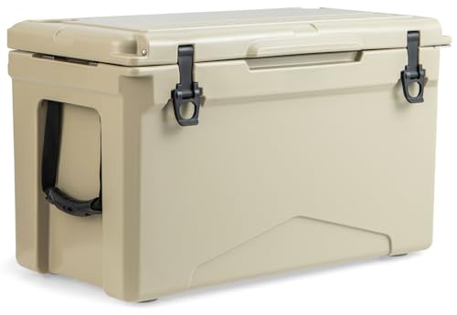 COSTWAY 25QT/30QT/50QT Rotomolded Enhanced Ice Cooler Box, Portable Ice Retention Boxes with Cup Holders and Bottle Opener, Insulated Ice Chest, 5-7-day Ice Retention (47L, with Nylon Handle, Tan)