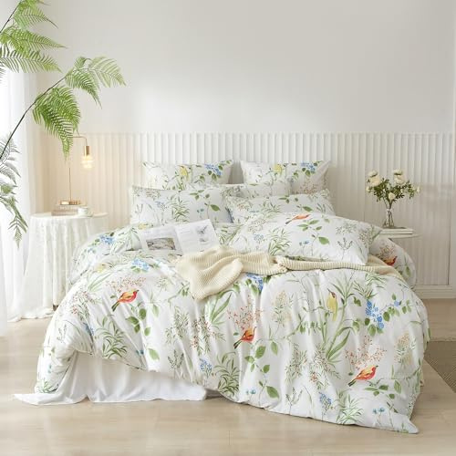 DXHOME Juego de ropa de cama 135 x 200 cm, 4 piezas, blanco, verde, multicolor, flores, plantas botánicas, estampado de flores acogedoras, ropa de cama de verano, suave microfibra, fundas nórdicas con