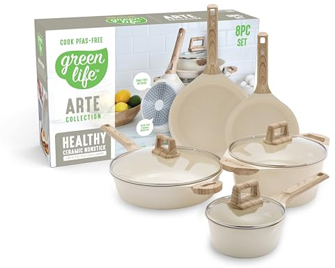 GreenLife Arte 8 Piece Healthy Ceramic Nonstick Cookware Pots and Frying Sauce Saute Pans Set, Induction Suitable, PFAS-Free, PFOA-Free, Wood Print Handles, Glass Lids, Dishwasher Safe, Cream