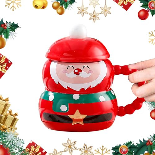 Durdiiy Tazas de Cerámica Navideñas, 400ml con Tapa y Asa - El Mejor Regalo para Padres, Amigos y Navidad (Papá Noel)
