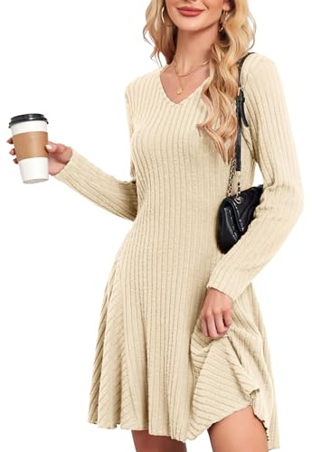 SENBATU Abito a Maglia Donna Autunno Elegante Pullover Abito Manica Lunga V-Collo Abiti Invernali Albicocca Medium