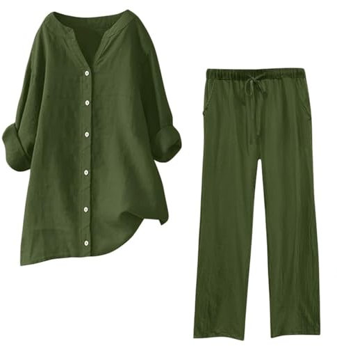 HOOUDO Womens Lounge Wear Sets Cotton Linen Ladies Tracksuit Set 2 Piece Summer Outfits Co Ord Sets Long Sleeve Blouses Tops and Wide Leg Trousers Casual Solid Loungewear Activewear with Pockets