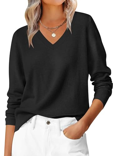 HOTOUCH Womens Knitted Jumper V Neck Long Sleeve Lightweight Pullover Classic Casual Stylish Knitwear Sweater Top UK Black L