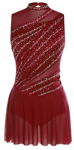 Miutii Eiskunstlauf Kleid Damen Rollschuhkleid Eislaufkleid Glitzer Ballettkleid mit Strass Lyrisch Tanzkleid Wettbewerb Tanzkostüm B Burgundy L