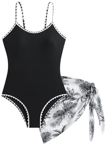 LIKCAISA Girls One Piece Swimsuits with Skirts Swimming Costume Adjustable Swimwear Beach Bathing Suit for Kids Girl Size 9 10 11 12 13 14 Years Black