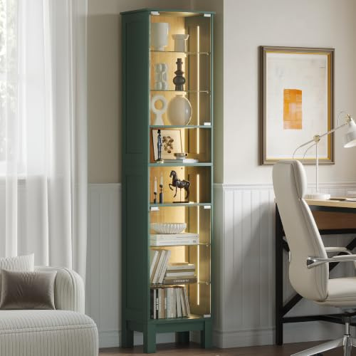 ZKIODV 180cm Vitrina de Cristal LED, Estrecha Armario Vitrina con 8 Estantes, Puerta de Vidrio Templado, Balda Ajustable y Desmontable, Moderna Vitrina para Salón Baño (Verde Roble)