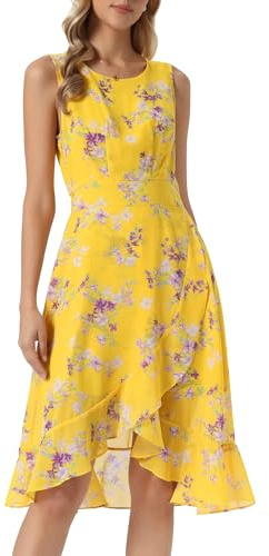 Allegra K Mujer Vestido Floral Alto Bajo Volante Verano 2026 Vestidos | Espalda con Ojal sin Mangas Escote Redondo Corte a Cintura Elástica Fruncida Forro Completo Midi