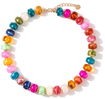 Tastetreasure Colourful Beaded Necklace for Women, Chunky Resin Bead Necklace, Rainbow Boho Statement Choker, Summer Beach Holiday Jewellery, 43.2cm