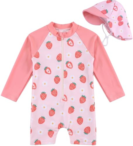 Maillot de Bain Bébé Manches Longues Anti-UV UPF 50+, 0-3 Ans Une Pièce avec Fermeture Éclair pour Fille avec Bonnet, Plage et Piscine Été