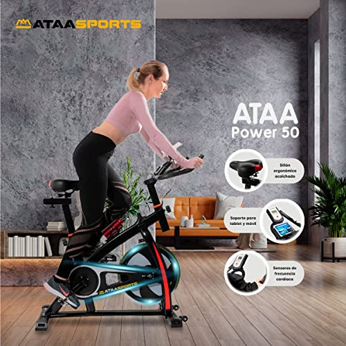ATAA Bicicletta da ciclo indoor ATAA Power 50 - Nero-Bicicletta fitness in casa monitoraggio batticuore, sedile ergonomico display LCD y resistenza variabile