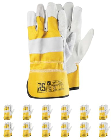 RS VIC TEC Lot de 12 paires de gants de montage en cuir/DOCKER-TYP/Taille 11 Gris/Jaune/Gants de travail/Gants de travail renforcés avec du cuir de vachette fendu