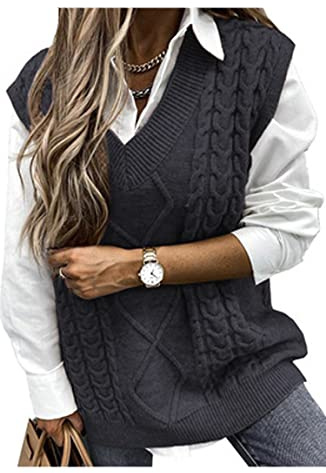 Pulls sans Manches Gilet Tricoté Veste Chaud Chandail Débardeur Tank Top Crop Sweater col V Oversize Pullover Tops Câble Tricots Décontracté Automne Hiver Filles Femmes,Gris foncé L