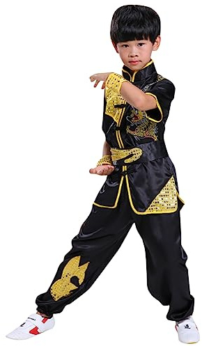 Boys Girls Kung Fu Master Tai Chi Dragon Chinese Uniform Top Shirt Pants Set Outfit (Black, 7-8 Years)