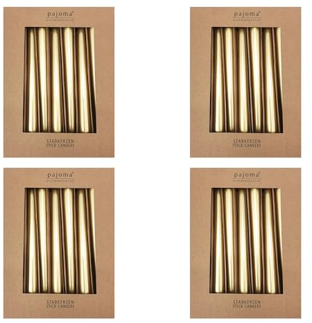 Stavljus set om 40 | metall – guld | höjd 25 cm ø 2,2 cm | brinntid 7 timmar – premiumkvalitet | enfärgade spetsljus | pajoma