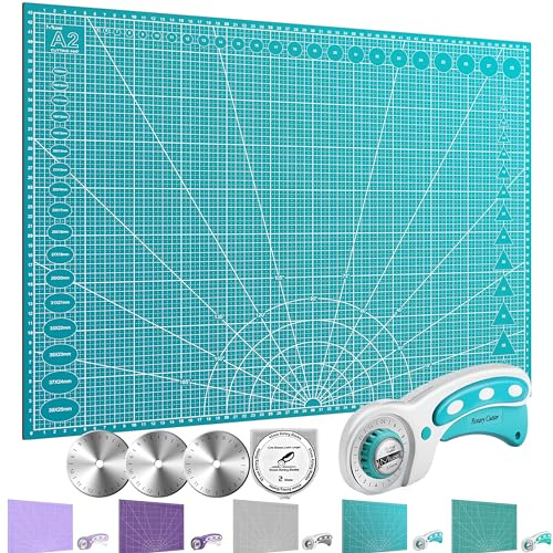 Miuzei Tapis de DéCoupe A2 avec Coupe-Tissu, Ensemble de Auto-Cicatrisant Tapis de Coupe avec Lames de Rechange de 45mm,Coupe-Tissu pour Tissu Couture Cuir Papier, Cyan.