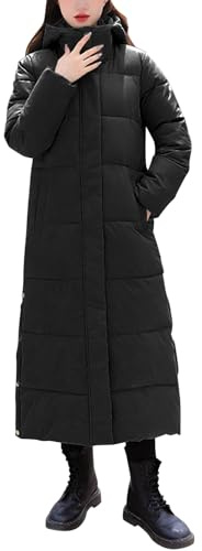 semen Womens Winter Warm Long Down Jacket Longline Padded Hooded Parka Coat Quilted Thicken Maxi Puffer Outwear(UK 10/Tag L,Black)