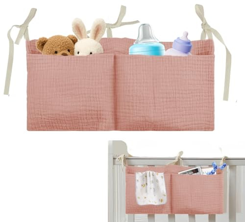Bavooty Sac Rangement pour Lit Bébé,Bébé Lit Suspendu Sac de Rangement,Suspendu Organisateur de Couches avec 2 Poches,Rangement Peluche pour Stocker des Vêtements,Couches,Jouets (rose)