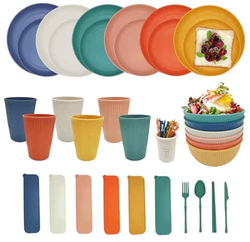 YEEBECA 67 Teiliges Camping Geschirrset, Geschirr Set für 6 Personen BPA-Freies, Das Outdoor Geschirr Set in 6 Farben Eignet Sich für Familienessen, Picknick und Camping