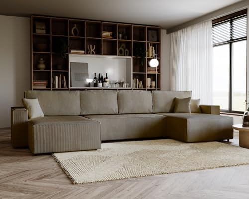 Emporius Ecksofa 375 cm Bergamo U - Schlafsofa, Eckcouch mit Bettkasten - Couch 375 cm U-Form mit Schlaffunktion - Cordstoff Velvet (Braun - Poso 03)