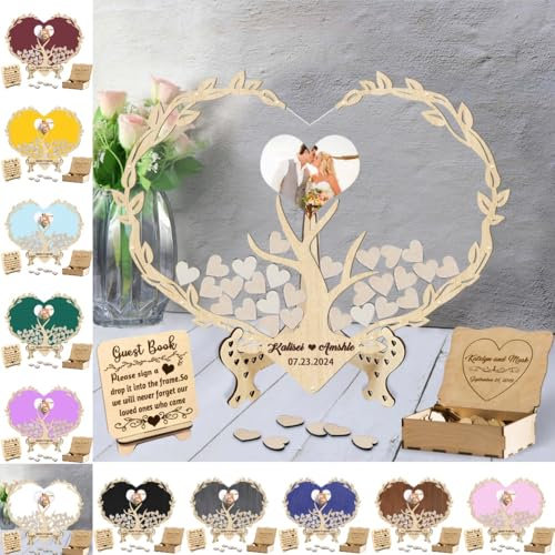 Certykllp Personalized Tree of Life Wedding Guest Book Alternative Custom Guest Book with Photo Frame Mis Quince Heart Guest Book Drop Box for Wedding Decor Party Birthday