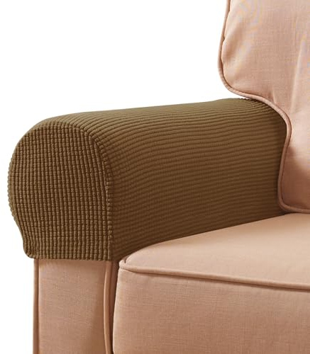 SUBRTEX Stretch Couch Arm Covers Set of 2, Checkered Sofa Arm Slipcovers, Anti-Slip Armrest Covers for Recliner and Armchairs, Pet Proof, High Stretchy, Hook & Loop Tape, Coffee