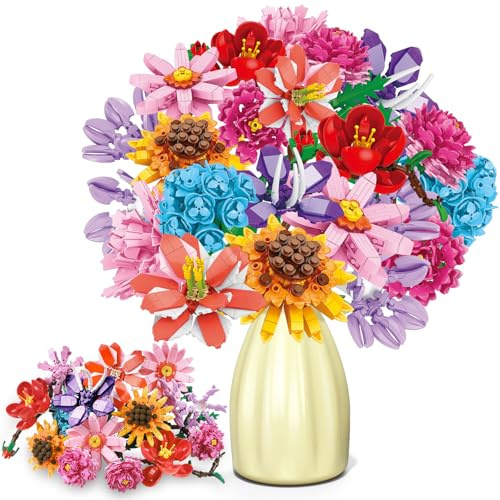 DTYDECLE 18 giocattoli da costruzione per adulti, 2180 pezzi, fiori, bouquet, mattoncini da costruzione, giocattolo per compleanno, San Valentino, Natale (nessun vaso)