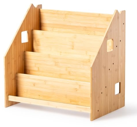 ATAA Estantería Infantil Montessori Book de Bambú Forma de Casita | Camel – 4 estantes y almacenamiento trasero