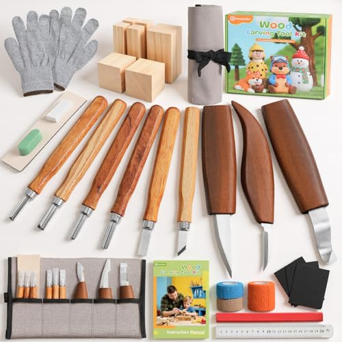 Housolution Kit per Intaglio Legno 29 Pezzi con Borsa Portaoggetti, Include Coltelli da Intaglio, Scalpelli, Blocchi in Legno di Tiglio e Guanti, Ideale per Principianti e Appassionati del Fai da Te