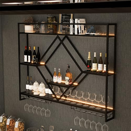 TYHAYJYK Weinregal aus Metall zur Wandmontage, modernes Spirituosenregal mit LED-Licht, schwebende Bar-Wandregale, Weinregal zur Wandmontage mit Weinglashalter, Barregal aus Metall, Ständer