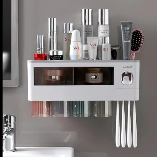 Truserv Automatic Plastic Toothpaste Dispenser with Toothbrush Holders Wall Mounted Organizer for Bathroom Storage. Bathroom Storage Organiser with 4 Slots and 4 Magnetic Cups.