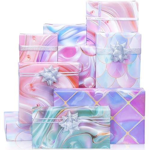 Larcenciel Mermaid Carta Regalo, 6 Fogli di Carta da Regalo Metallizzata Luccicante con Fiocchi con Nastro,A Tema Oceanico con Motivi di Perle, Ideale per Compleanni, Feste,Matrimonio,70 x 50CM