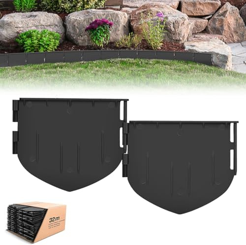 Flexibel gräskant plast, rabattkant, trädgård, osynlig gräsmatta gräns för gräsmattor, vägar, konstgräs – lätt att installera – tillverkad av återvunnen plast – 32 m