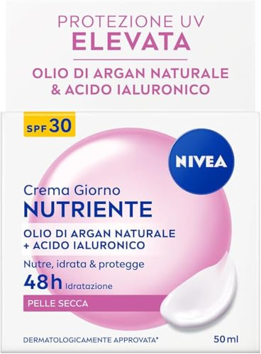 NIVEA Crema Giorno Nutriente SPF 30 50 ml, Crema idratante viso con Olio di Argan e Acido Ialuronico per 48h di idratazione intensa, Skincare con elevata protezione UVA/UVB SPF30 per pelle secca