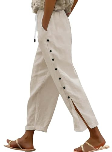 Pantalones Lino Mujer Verano Frescos Ligeros Pantalón Fino Largo 7/8 Tallas Grandes Vintage Pantalon Palazzo Anchos Lino Algodón Transpirable con Bolsillos Y Cordón Moda Ligero Playa Vacaciones Boho