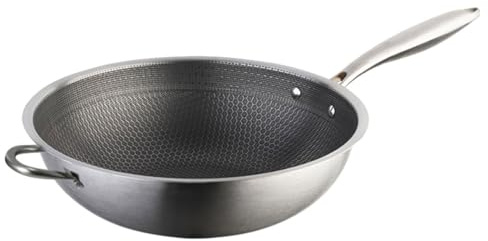 SOLUSTRE Wok in Acciaio Inox con Manici Doppio Design Nido d Ape Antigraffio e Antiaderente Pentola da Cucina per Induzione Distribuzione Calore Uniforme
