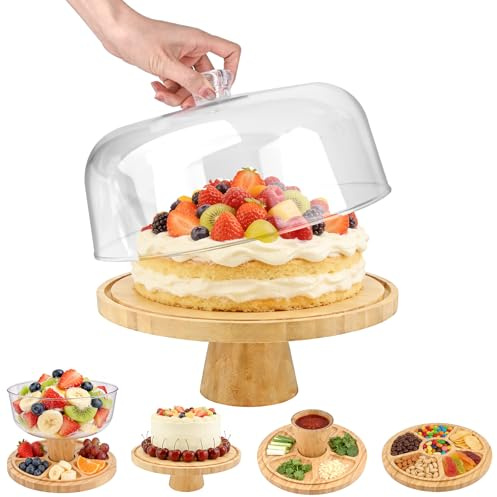 Gaethra Torta in Legno di Acacia con Cupola in Acrilico Trasparente Piatto Portadolci Multifunzione con Base Staccabile e Fondo Antiscivolo per Torte, Cupcake, Snack, per Feste, Compleanni, Matrimoni