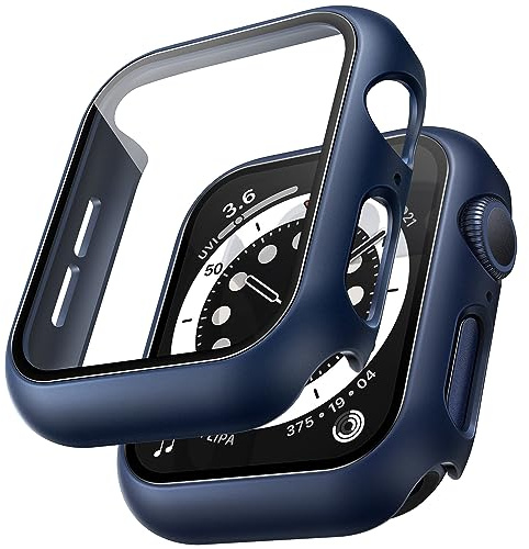 TAURI 2 Pack Hard Case for Apple Watch SE 3 /Series 6/5/4 /SE 44mm with 9H Tempered Glass Screen Protector, [Touch Sensitive] [Full Coverage] Slim Bumper Protective Cover for iWatch 44mm - Blue