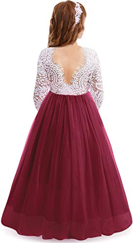 IWEMEK Cils Dos Nu V-Back Dentelle Tulle Maxi Robe Manche Longue Fille Mariage Honneur Robes de Bal Ceremonie Première Communion Soirée Anniversaire Fête Robes pour Enfants Vin Rouge 3-4 Ans