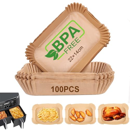AiQInu Papel Freidora Aire Rectangular, 100 Piezas 22x14cm Food-Grade BPA free Papel Pergamino Desechable, Antiadherente Papel de Horno para Doble Air Fryer Accesorios