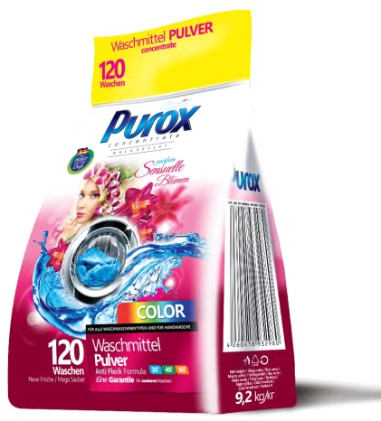 PUROX COLOR Detersivo Lavatrice Polvere Sensuelle Fiori (120 Lavaggi) – Per tessuti colorati, profumo floreale, rimuove le macchie, ecologico, protezione anticalcare, sacco da 9,2 kg