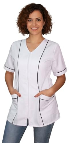 Camici da Lavoro Donna con Zip,Casacca,a Scelta tra 4 Colori, Estetista,parrucchiera, MAESTRA Asilo,Alimentari (Bianco rigo Nero, M)