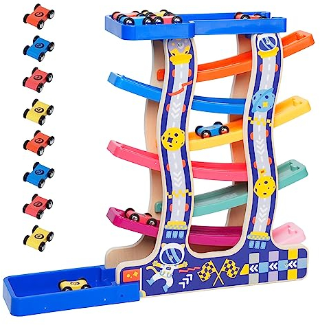 Arkyomi kugelbahn Holz ab 1 Jahr,Auto murmelbahn mit 8 Fahrzeuge,autorennbahn holzspielzeug rennbahn Holz Kinderspielzeug ab 2 3 4 Jahre Jungen Mädchen