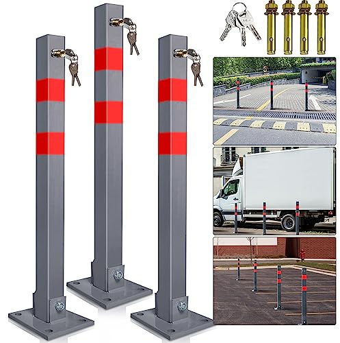 Ikodm 3 x parkeringsstolpar vikbara, parkeringsspärr med reflexremsor, robust stativ avstängningsstolpe, stål parkeringsspärr med 9 nycklar, stabil parkeringspoller