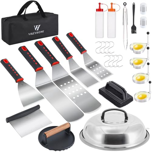 VIKEYHOME Grilltillbehör kit, 28 st grillverktygsset, professionellt grillset med grillgrill, grillspade med bastlock, spatel, skrapa, flaska, tång, äggring